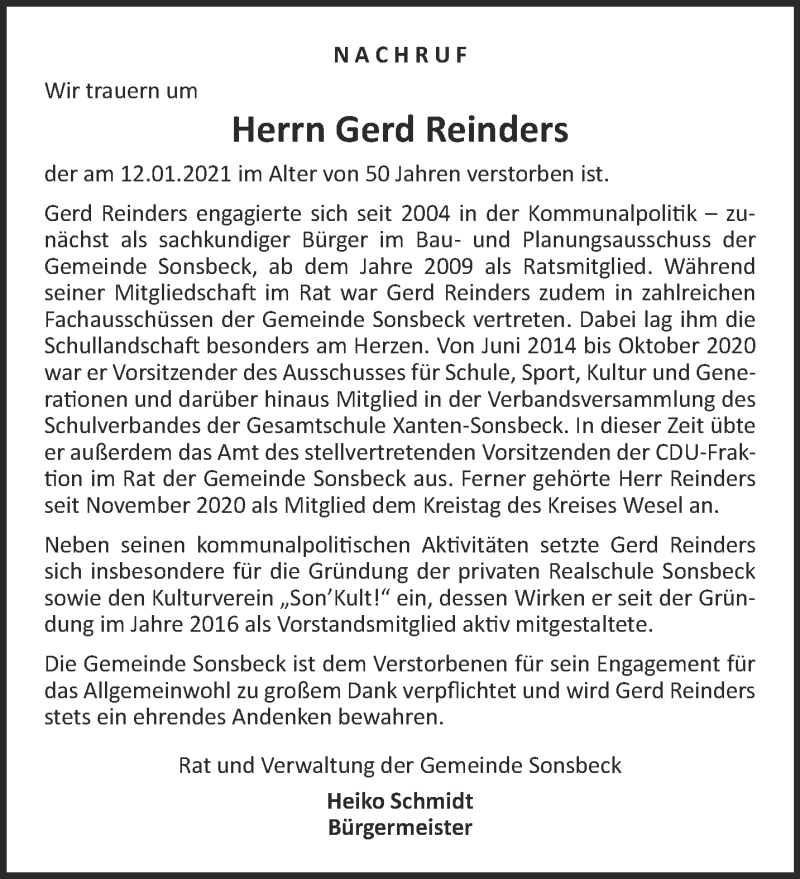  Traueranzeige für Gerd Reinders vom 16.01.2021 aus 