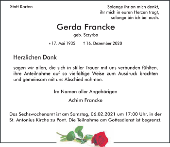 Traueranzeige von Gerda Francke 