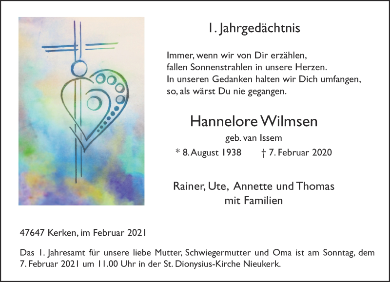  Traueranzeige für Hannelore Wilmsen vom 30.01.2021 aus 