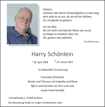 Traueranzeige von Harry Schönlein 