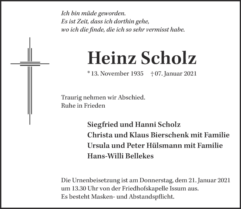  Traueranzeige für Heinz Scholz vom 16.01.2021 aus 