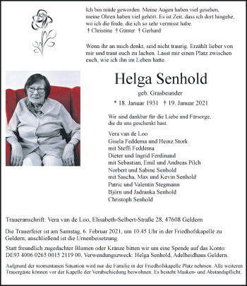 Traueranzeige von Helga Senhold 
