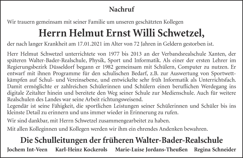  Traueranzeige für Helmut Ernst Willi Schwetzel vom 27.01.2021 aus 
