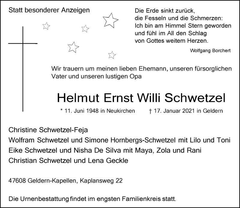  Traueranzeige für Helmut Ernst Willi Schwetzel vom 23.01.2021 aus 