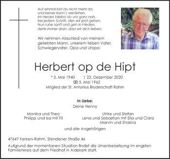 Traueranzeige von Herbert op de Hipt 