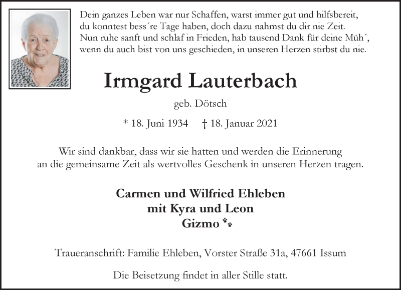  Traueranzeige für Irmgard Lauterbach vom 23.01.2021 aus 
