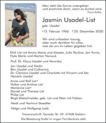 Traueranzeige von Jasmin Usadel-List 