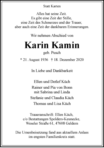 Traueranzeige von Karin Kamin 