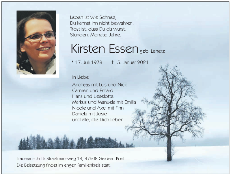  Traueranzeige für Kirsten Essen vom 23.01.2021 aus 