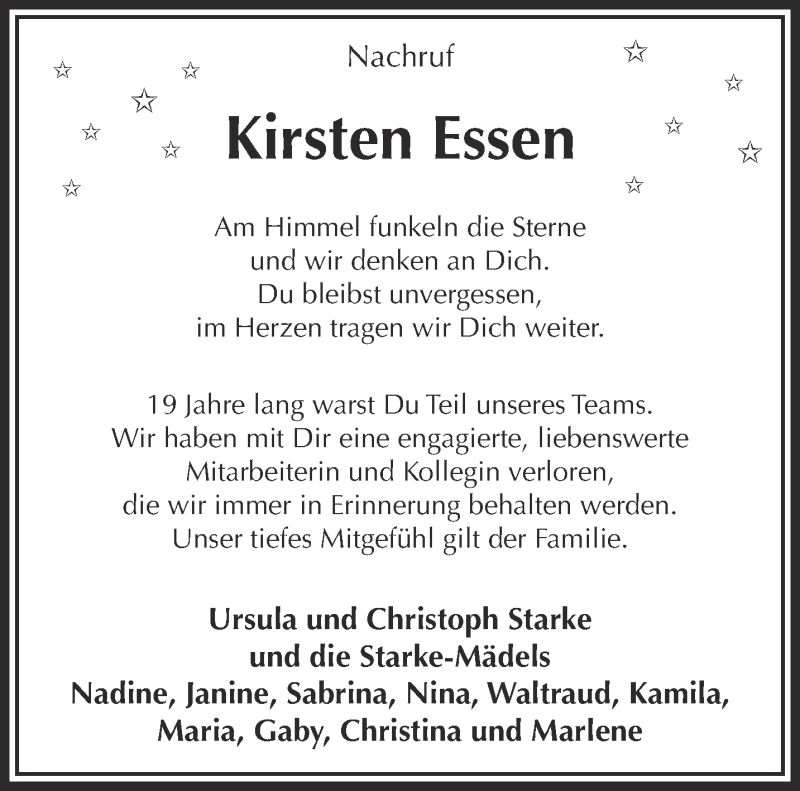  Traueranzeige für Kirsten Essen vom 30.01.2021 aus 