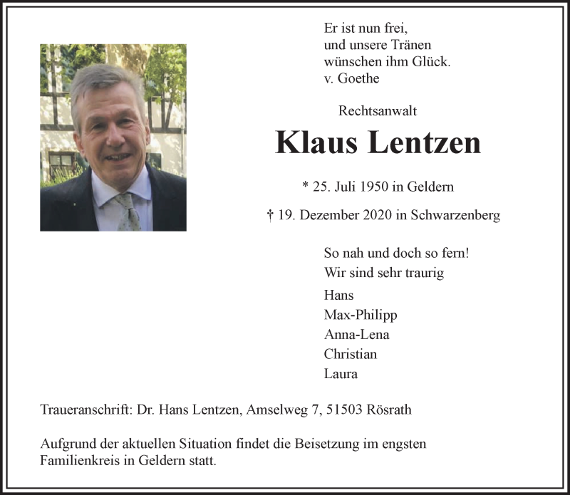  Traueranzeige für Klaus Lentzen vom 16.01.2021 aus 