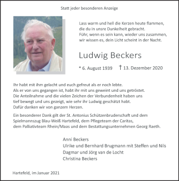 Traueranzeige von Ludwig Beckers 