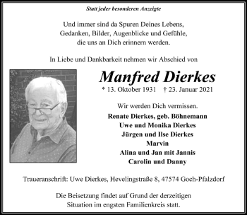 Traueranzeige von Manfred Dierkes 