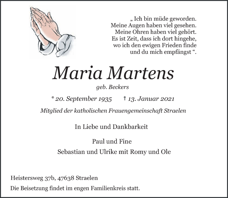  Traueranzeige für Maria Martens vom 23.01.2021 aus 