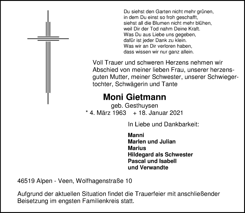  Traueranzeige für Moni Gietmann vom 23.01.2021 aus 