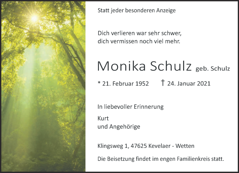  Traueranzeige für Monika Schulz vom 30.01.2021 aus 