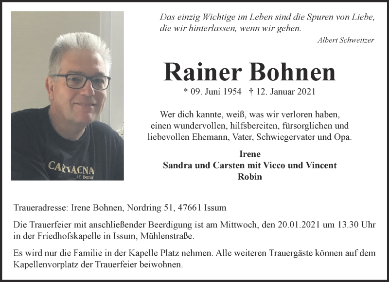  Traueranzeige für Rainer Bohnen vom 16.01.2021 aus 
