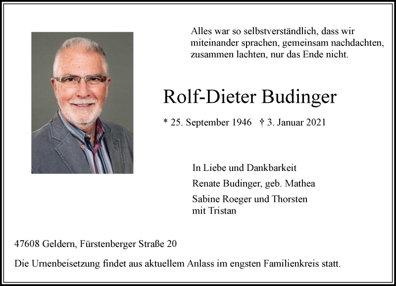  Traueranzeige für Rolf-Dieter Budinger vom 09.01.2021 aus 