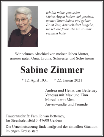Traueranzeige von Sabine Zimmer 