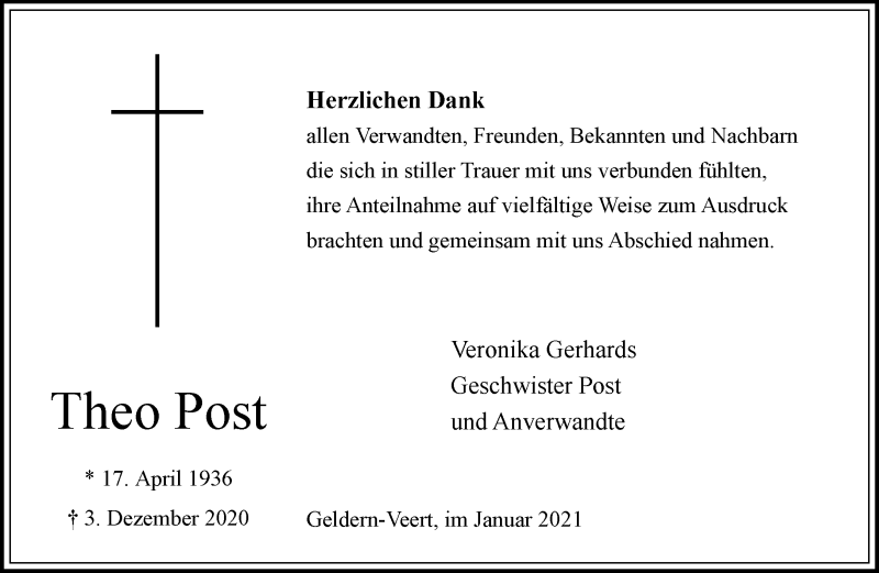  Traueranzeige für Theo Post vom 09.01.2021 aus 