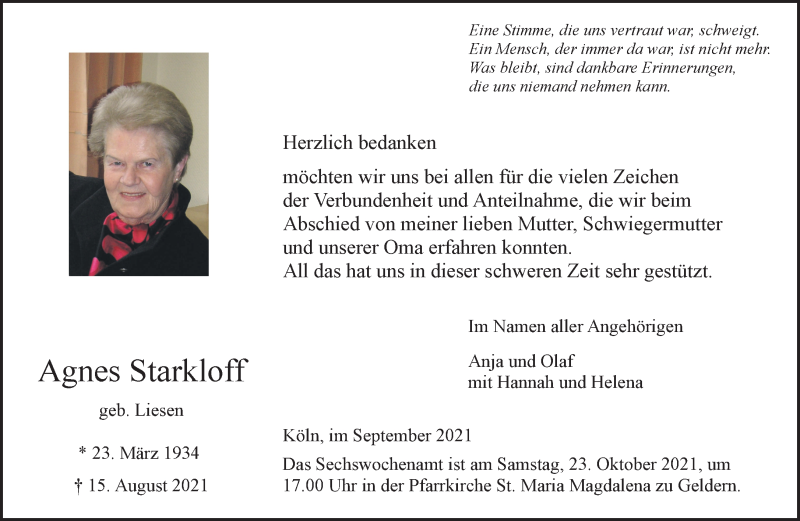  Traueranzeige für Agnes Starkloff vom 16.10.2021 aus 