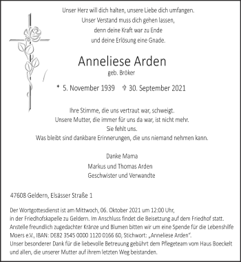 Traueranzeige von Anneliese Arden 
