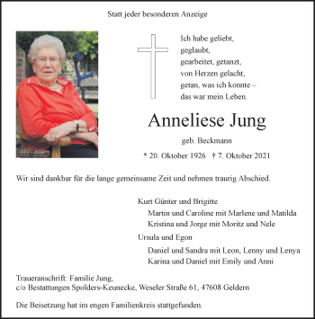 Traueranzeige von Anneliese Jung 