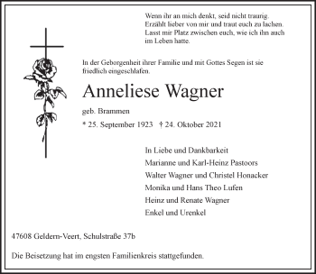 Traueranzeige von Anneliese Wagner 