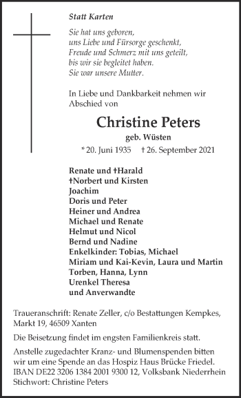 Traueranzeige von Christine Peters 
