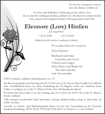 Traueranzeige von Eleonore Hinßen 