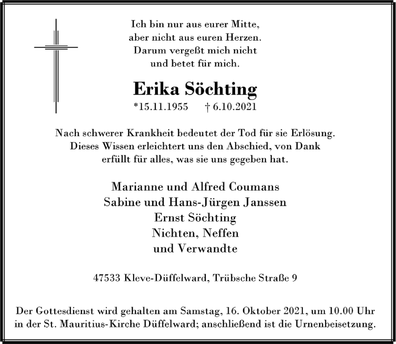  Traueranzeige für Erika Söchting vom 13.10.2021 aus 
