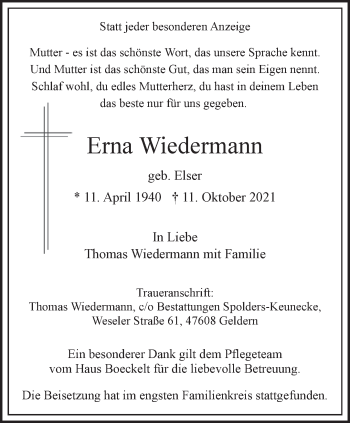Traueranzeige von Erna Wiedermann 