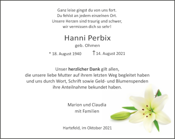 Traueranzeige von Hanni Perbix 