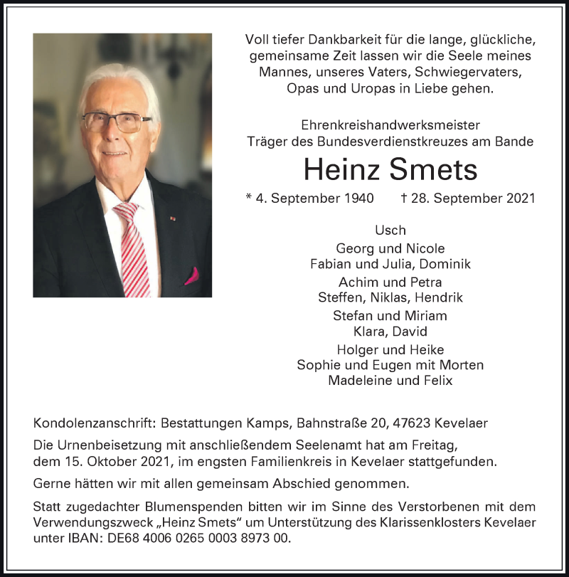  Traueranzeige für Heinz Smets vom 16.10.2021 aus 