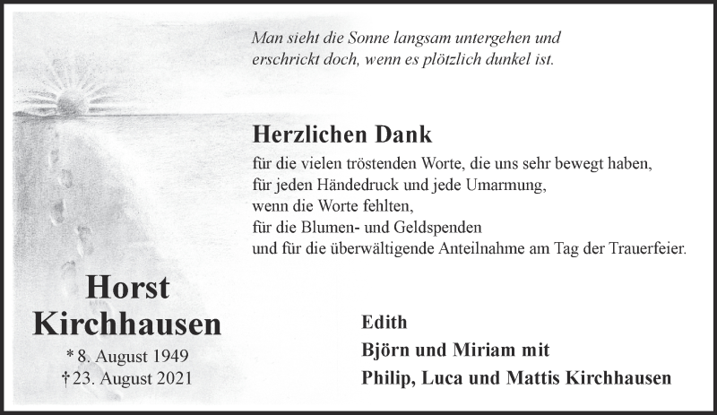  Traueranzeige für Horst Kirchhausen vom 09.10.2021 aus 