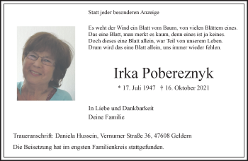 Traueranzeige von Irka Pobereznyk 