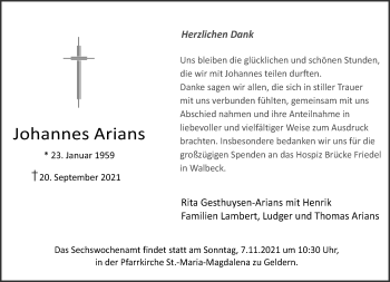 Traueranzeige von Johannes Arians 
