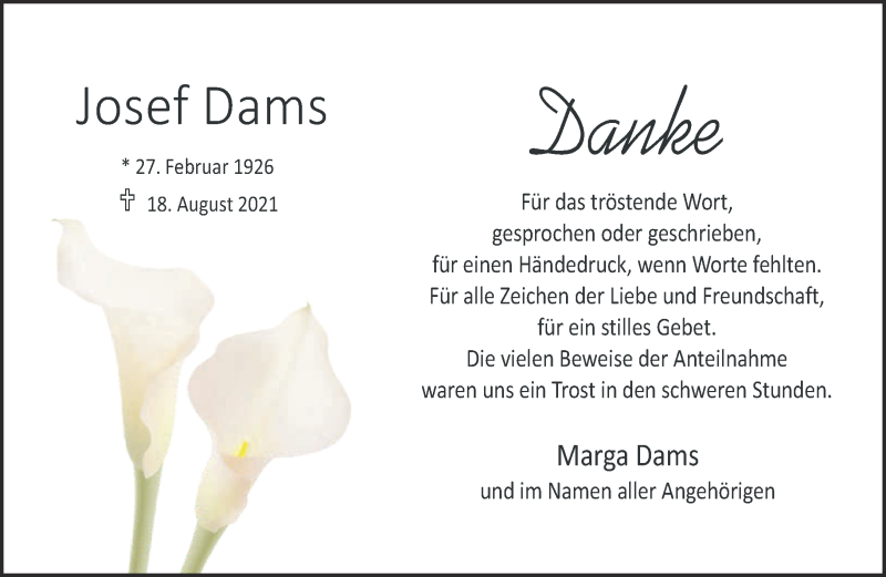  Traueranzeige für Josef Dams vom 09.10.2021 aus 