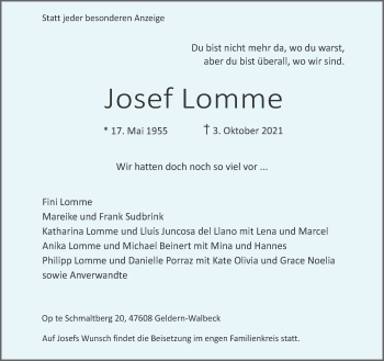 Traueranzeige von Josef Lomme 