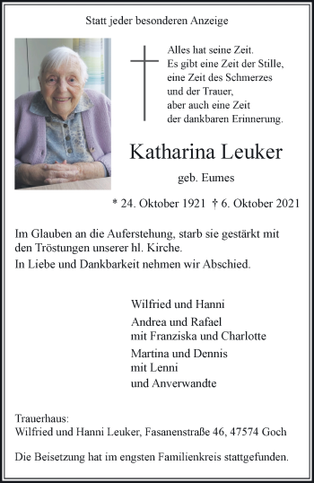 Traueranzeige von Katharina Leuker 