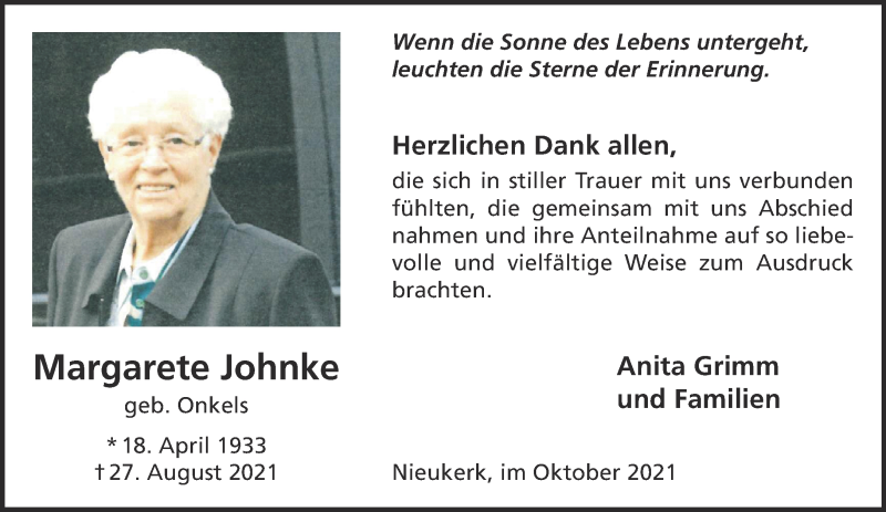  Traueranzeige für Margarete Johnke vom 09.10.2021 aus 