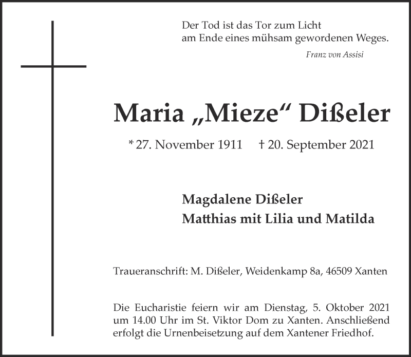  Traueranzeige für Maria Dißeler vom 02.10.2021 aus 