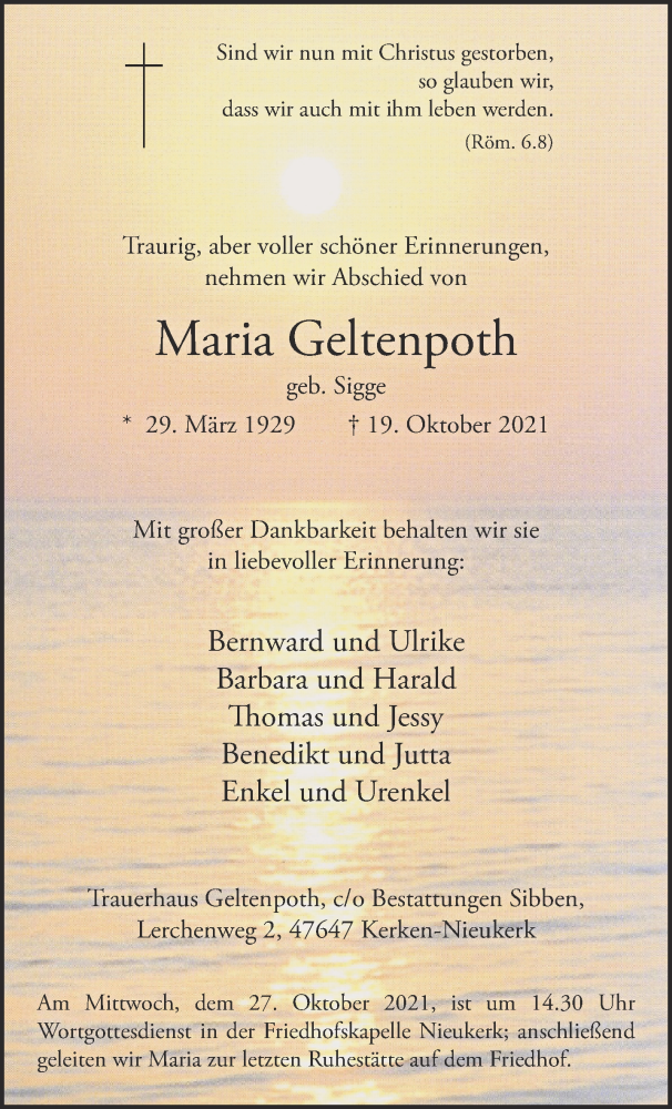  Traueranzeige für Maria Geltenpoth vom 23.10.2021 aus 