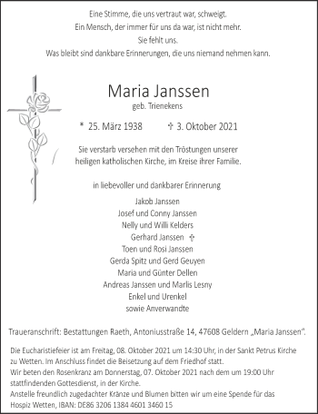 Traueranzeige von Maria Janssen 