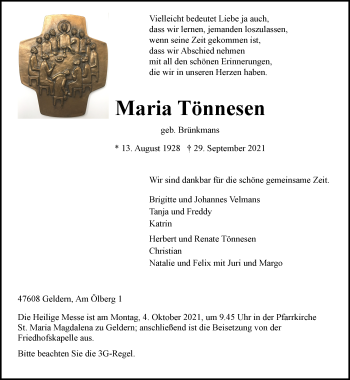 Traueranzeige von Maria Tönnesen 