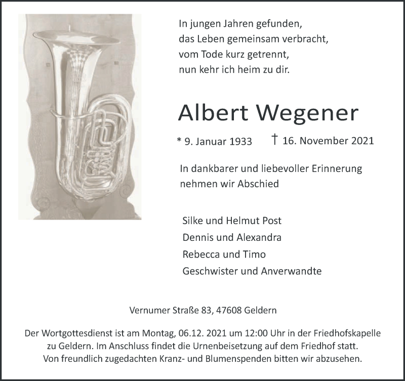  Traueranzeige für Albert Wegener vom 27.11.2021 aus 