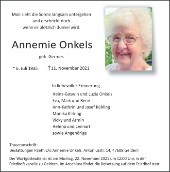 Traueranzeige von Annemie Onkels 