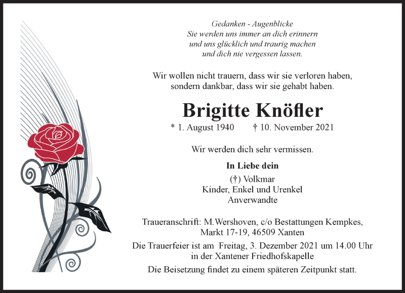  Traueranzeige für Brigitte Knöfler vom 27.11.2021 aus 