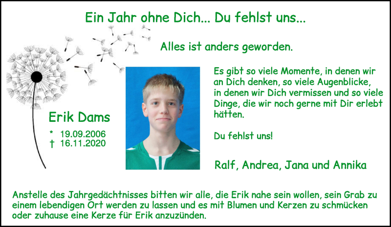  Traueranzeige für Erik Dams vom 13.11.2021 aus 