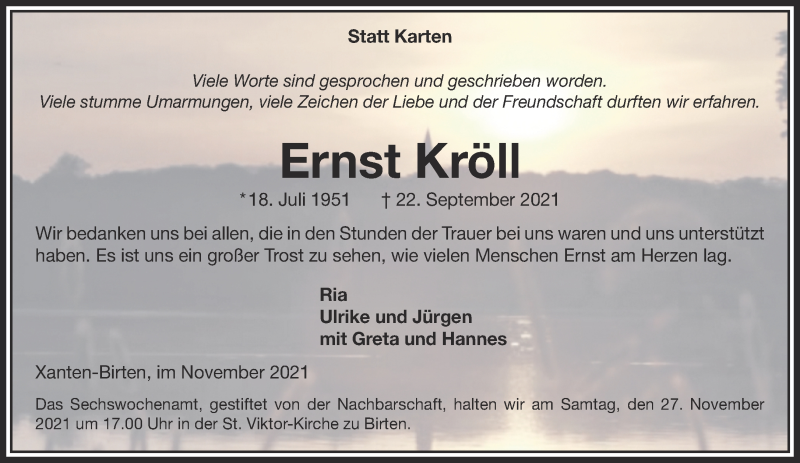  Traueranzeige für Ernst Kröll vom 20.11.2021 aus 